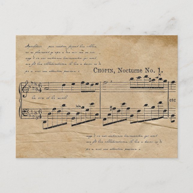 Postal Chopin Nocturne Sheet Music French Text (Anverso)