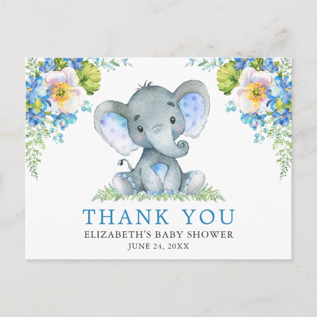 Postal Chorreado Acuarela Azul Floral Elefante Baby Showe (Anverso)