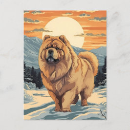 Postal Chow Chow en las nevadas montañas al atardecer