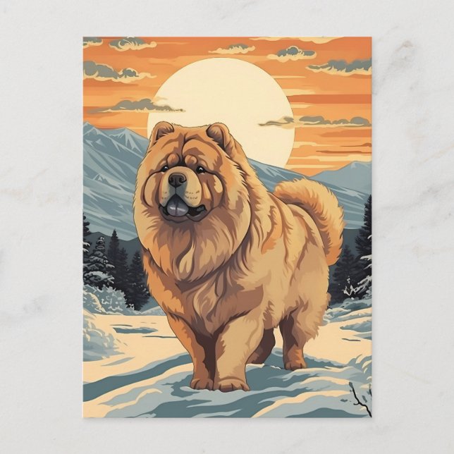 Postal Chow Chow en las nevadas montañas al atardecer (Anverso)