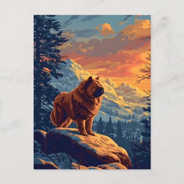 Postal Chow Chow en las nevadas montañas al atardecer (Anverso)