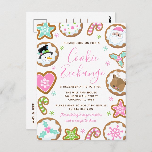 Postal Christmas Cookie Exchange Pink and Green (Anverso / Reverso)