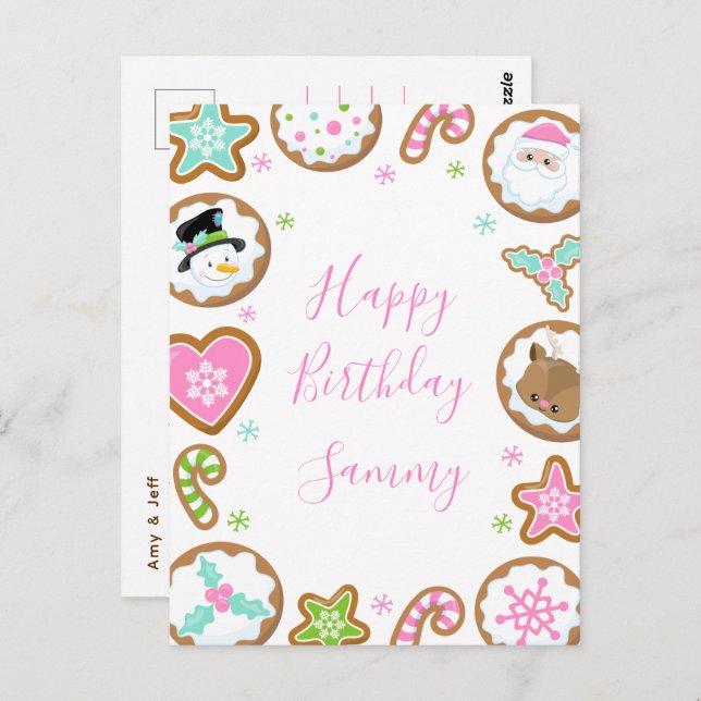 Postal Christmas Cookies Pink and Green Happy Birthday (Anverso / Reverso)