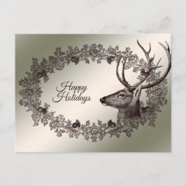 Postal Christmas Greeting Floral Reindeer Golden Winter