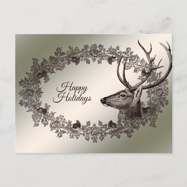 Postal Christmas Greeting Floral Reindeer Golden Winter (Anverso)
