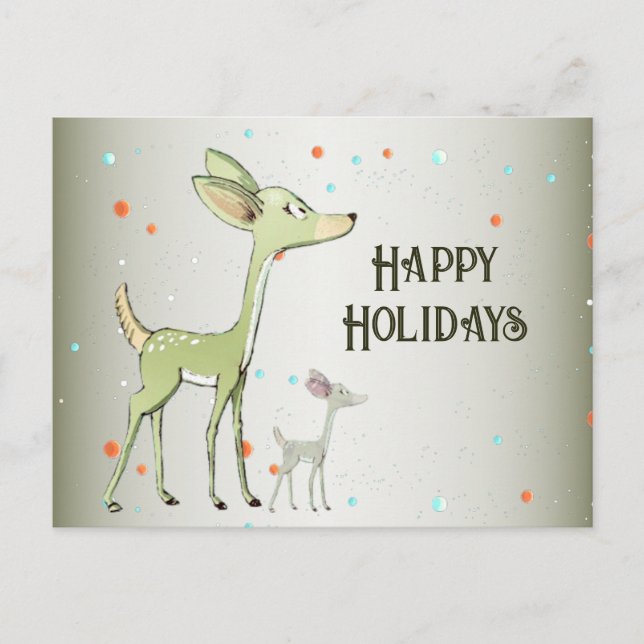 Postal Christmas Greeting Green Deers Holidays Cute (Anverso)