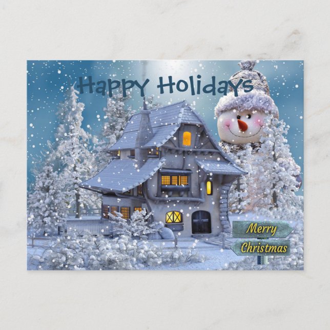 Postal Christmas Greeting Winter Snowman Blue Rustic (Anverso)