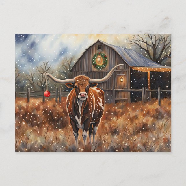 Postal Christmas Holidays Longhorn Cow Cute Country (Anverso)
