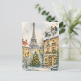 Postal Christmas in Paris Watercolor Eiffel Tower Scene