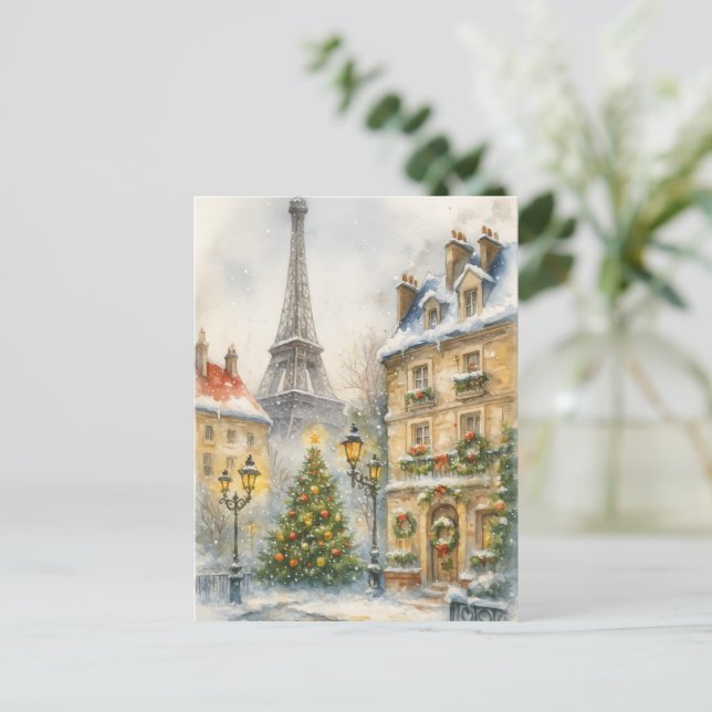 Postal Christmas in Paris Watercolor Eiffel Tower Scene (Anverso de pie)