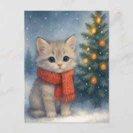 Postal Christmas Kitten Postcard Cute Cat in Red Scarf 