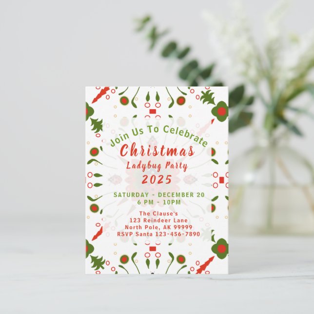 Postal Christmas Ladybug Party Red White Green (Anverso de pie)