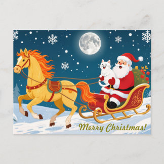 Postal Christmas, New Year, Red Horse, Santa & White Cat