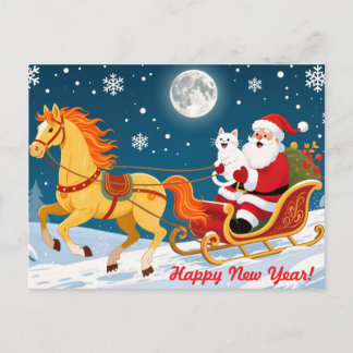 Postal Christmas, New Year, Red Horse, Santa & White Cat