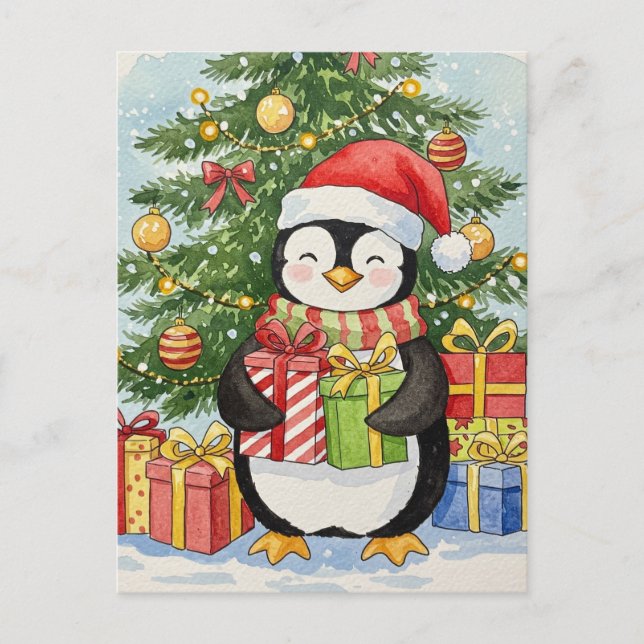 Postal Christmas Penguin Postcard Watercolor Holiday Card (Anverso)