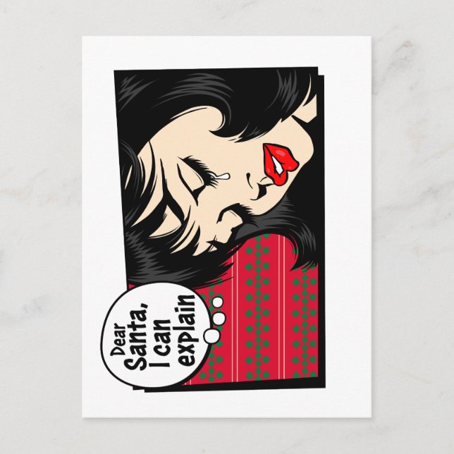 Postal Christmas Pop Art Girl Santa I Can Explain (Anverso)