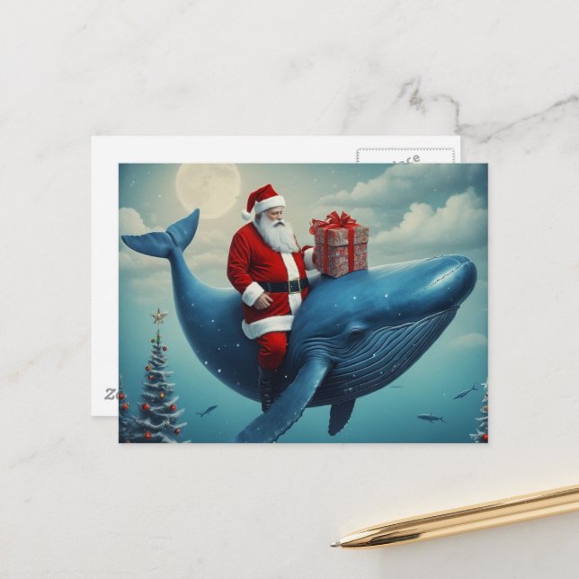 Postal Christmas Santa and Whale Surreal (Anverso/Reverso In Situ)