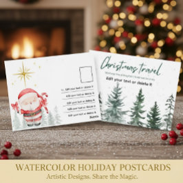 Postal Christmas Travel Watercolor Santa Pine Trees