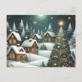Postal Christmas winter scene village & starry night