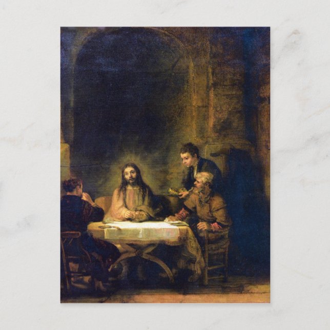 Postal Christus en Emmaus por Rembrandt (Anverso)