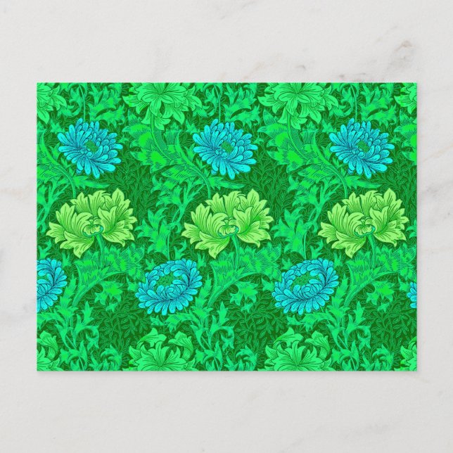 Postal Chrysanthemums de William Morris, Lime Green y Aqu (Anverso)