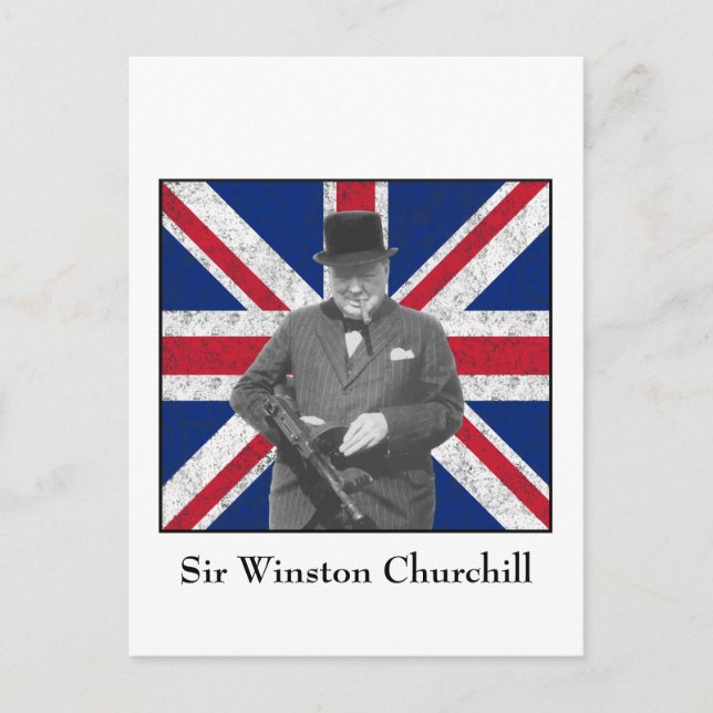 Postal Churchill que presenta con la bandera británica (Anverso)
