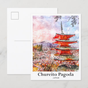 Postal Chureito Pagoda Japón Trayectoria de color de agua