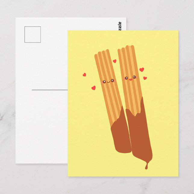 Postal Churros españoles románticos azules con chocolate (Anverso / Reverso)