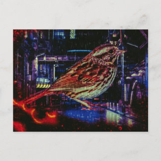 Postal Ciberpunk Sparrow en Neon Cityscape