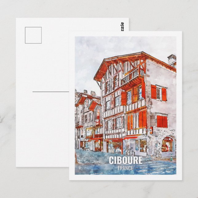 Postal Ciboure France Travel Place Watercolor (Anverso / Reverso)