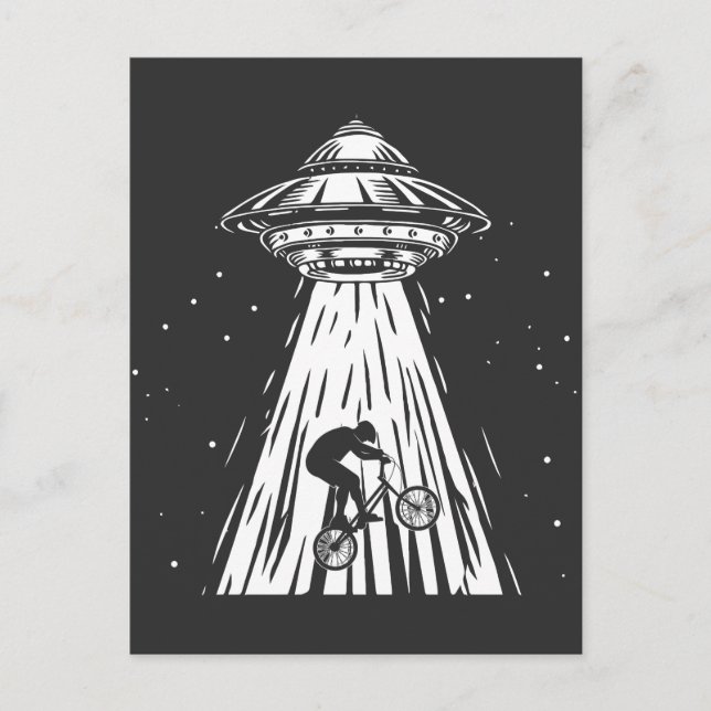 Postal Cíclica divertida bmx Alien Ufo Abducción de Biker (Anverso)