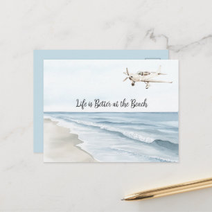 Postal Cielo Azul Playa Costa Océano Aviión Blanco
