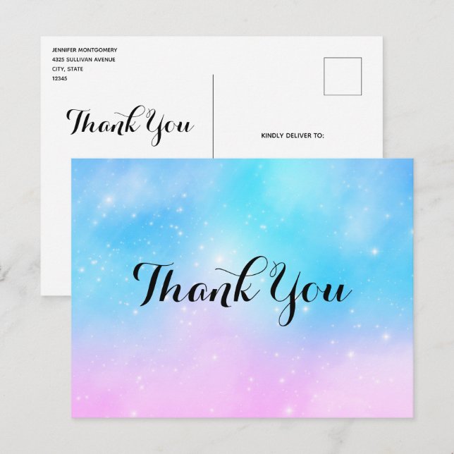 Postal Cielo de gradiente pastel rosa y azul gracias (Anverso / Reverso)