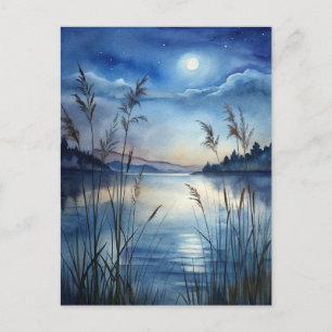 Postal Cielo estrellado nocturno Lago iluminado por la lu