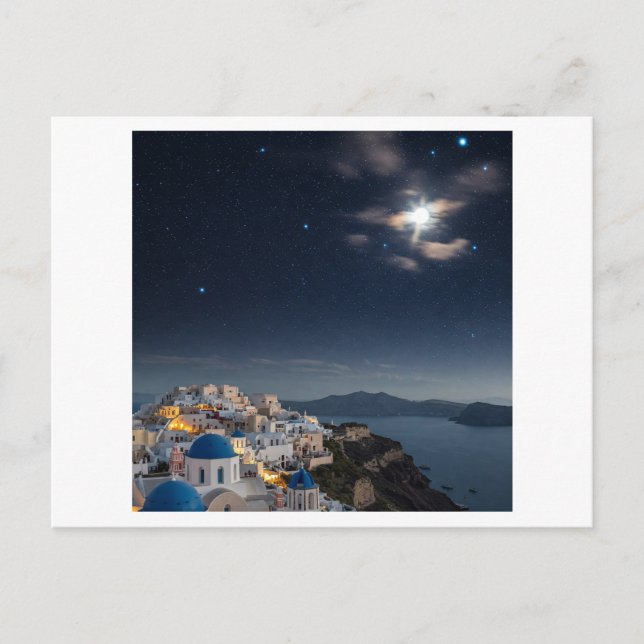 Postal cielo nocturno de ensueño sobre Santorini, Grecia, (Anverso)