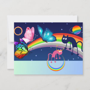 Postal Cielo nocturno, dos gatos, mariposas y arcoiris