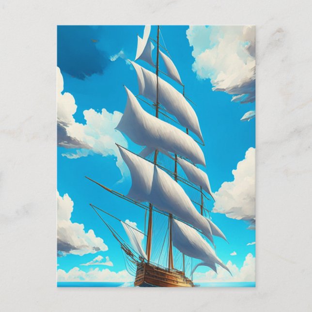 Postal Cielos azules, nubes blanquecinas y un gran velero (Anverso)