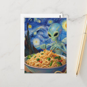 Postal Ciencia ficción Alien Azul Comiendo Fideos Verdura