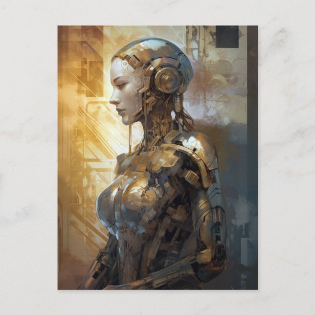 Postal Ciencia ficción de cibermujer de oro (Anverso)