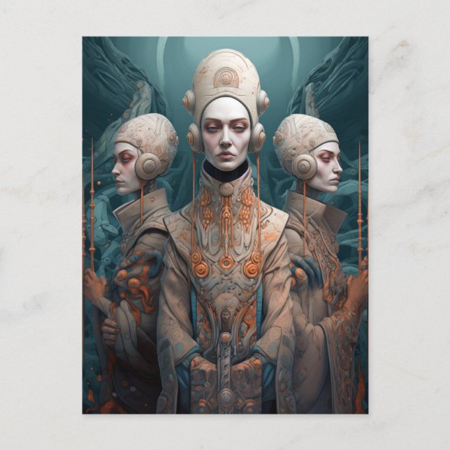 Postal Ciencia ficción de fantasía femenina de tres sabia (Anverso)