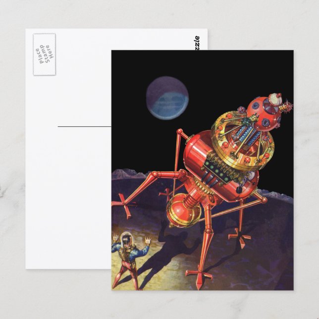 Postal Ciencia Ficción Vintage Astronauta con Robot Alien (Anverso / Reverso)