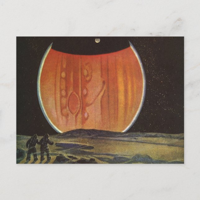 Postal Ciencia ficción vintage, astronautas sobre Ganymed (Anverso)