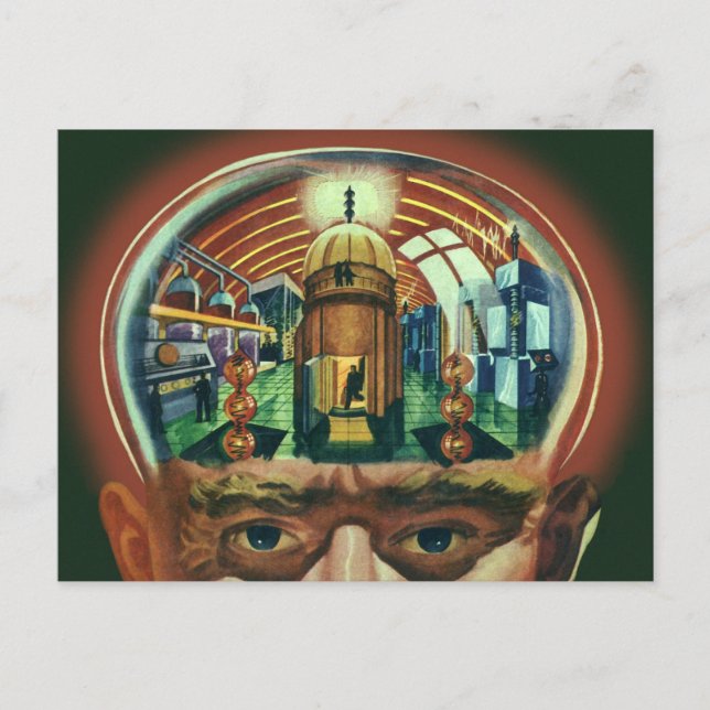 Postal Ciencia ficción vintage, cerebro extranjero en lab (Anverso)