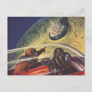 Postal Ciencia ficción vintage, ciudad futurista en la lu