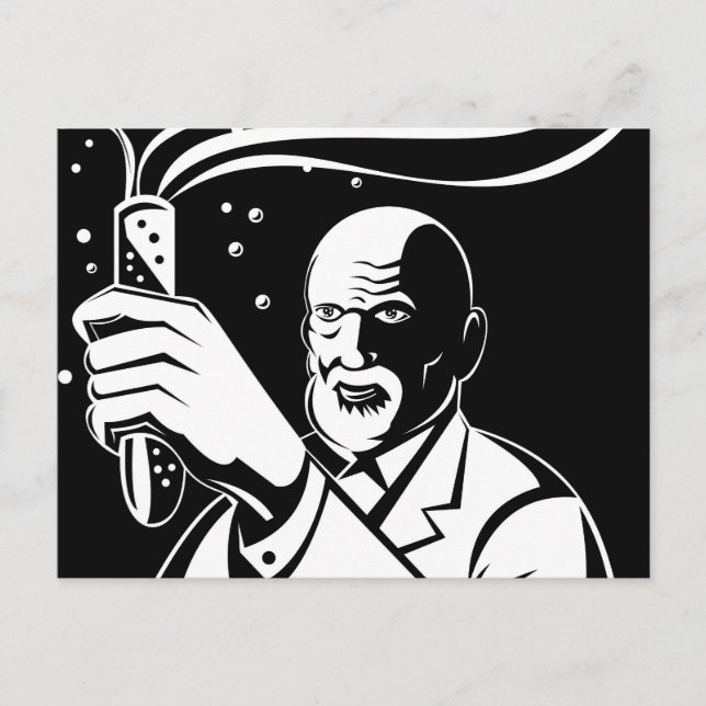 Postal científico loco sostiene el tubo de ensayo (Anverso)