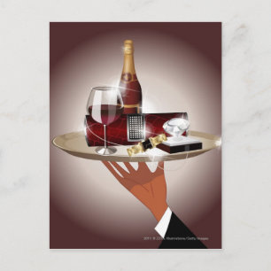 Postal Cierre de la mano de un camarero con una bandeja