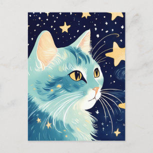 Postal Cierre de un gato con estrellas en el fondo