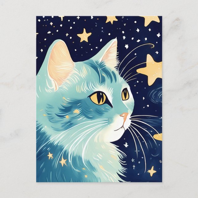 Postal Cierre de un gato con estrellas en el fondo (Anverso)