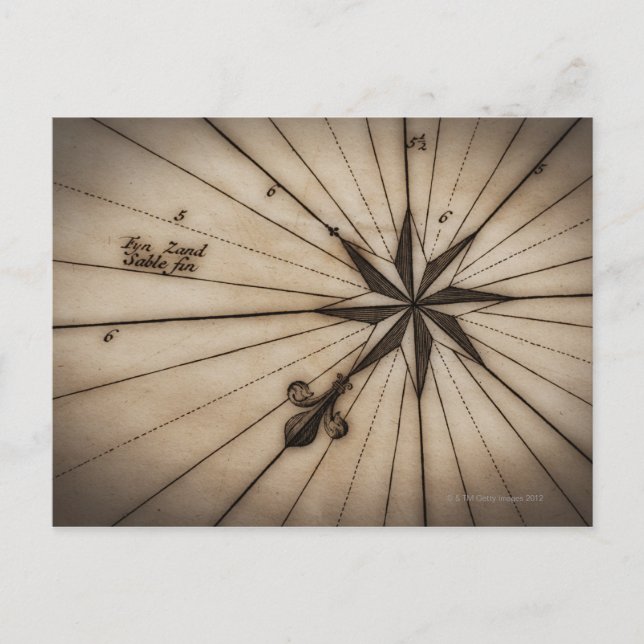 Postal Cierre del rosa de viento en el mapa antiguo (Anverso)