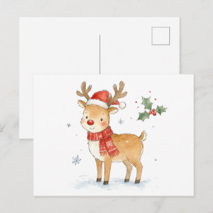 Postal Ciervo con Nariz Roja y Bufanda para Navidad